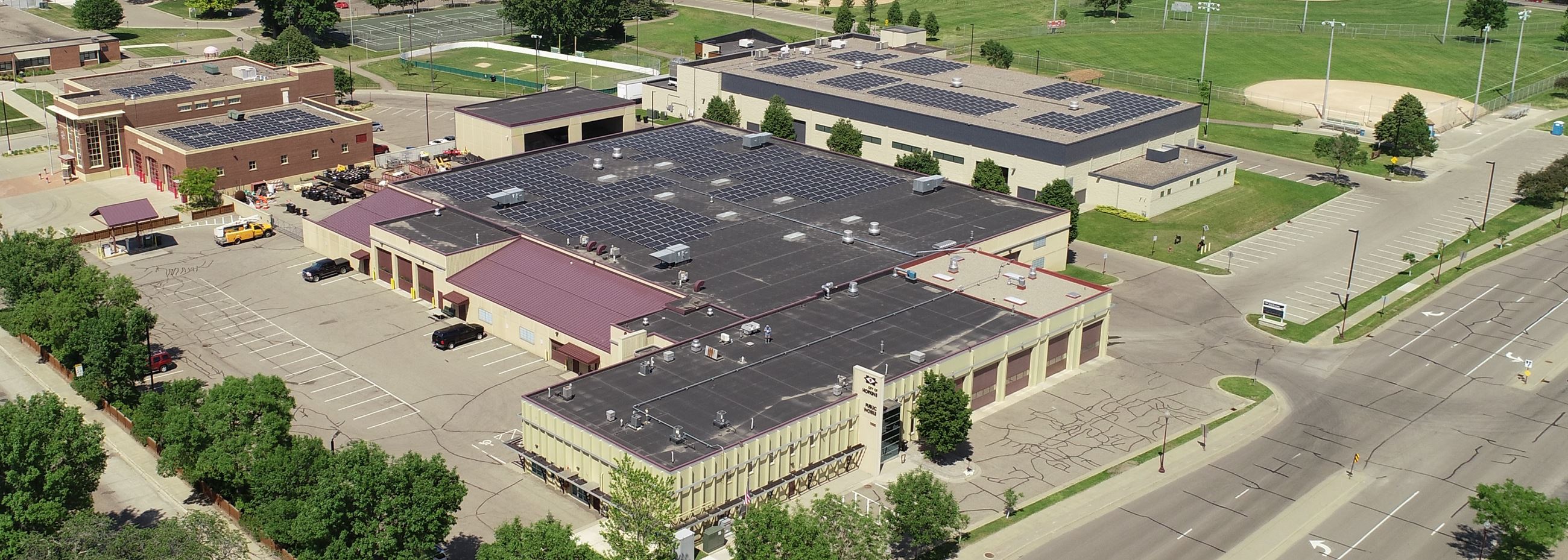 Solar panels on the roof of the Public Works building, the Pavilion and the Fire Department