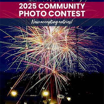 Firework bursts in the night sky with text that reads 2025 Community Photo Contest Now Open